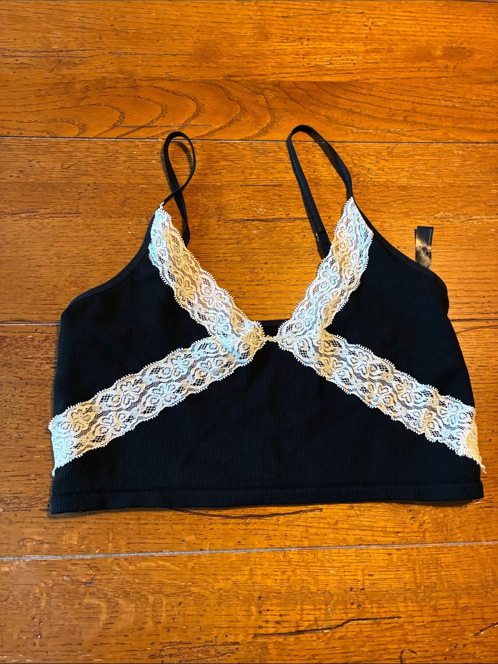 Urban Outfitters Black Ribbed Lace Trim Bralette - Black with White Lace